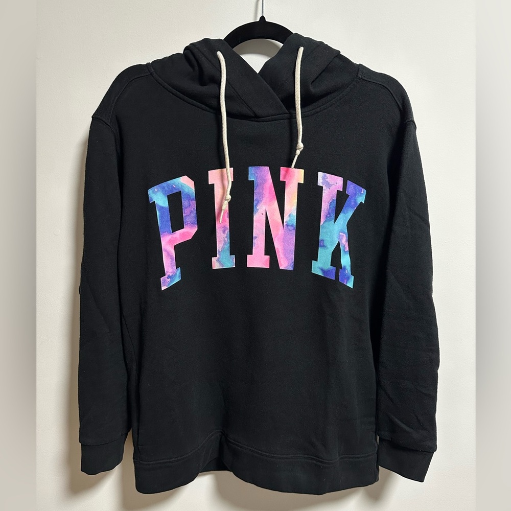 PINK Victoria's Secret Black Hoodie with Multicolor Logo